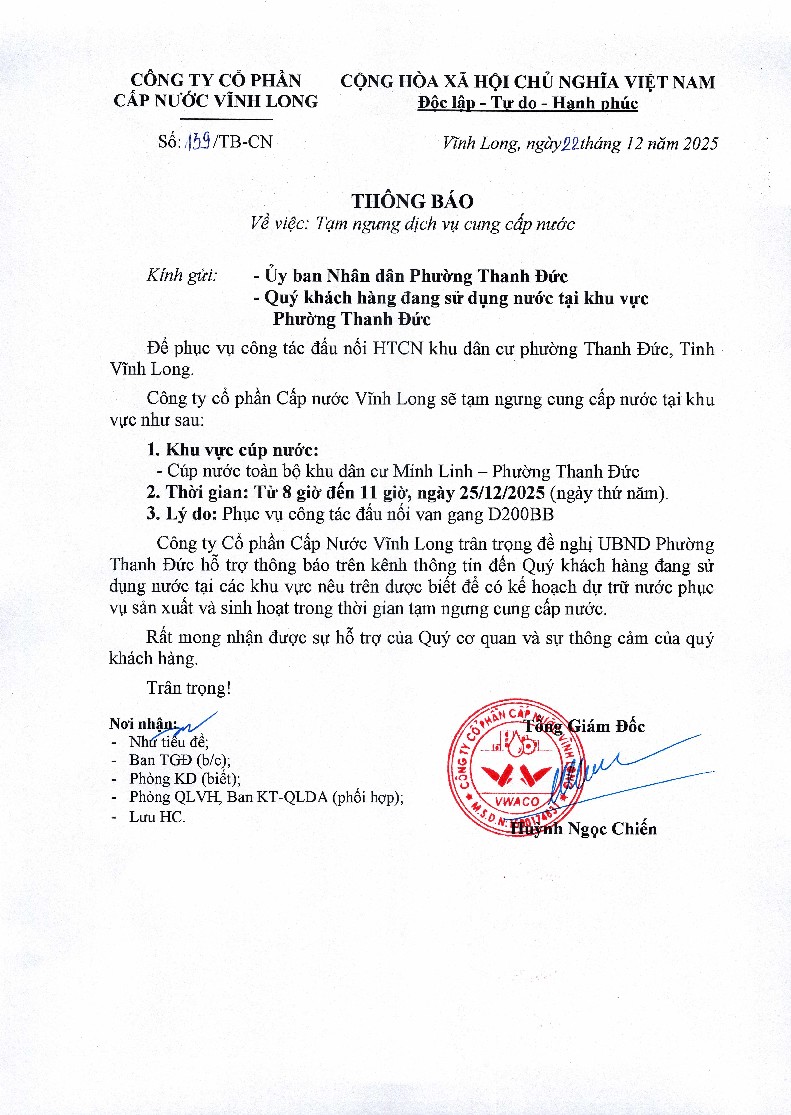 Thông báo tạm ngưng cung cấp nước vào ngày 25122025 – KV phường Thanh Đức - tỉnh Vĩnh Long